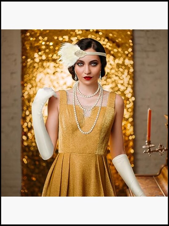 1920s Flapper Accessory Set Feather Headband Pearl Necklace Bracelet Earrings main image 5